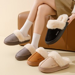 Unisex cotton slippers with plush fur for warmth and thick soles
