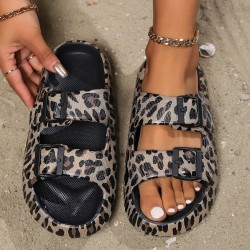 Best-Selling Cross-Border Leopard Print Beach Slippers, Summer Outdoor Couple's Sandals, Wholesale Thick-Sole Buckle Sandals