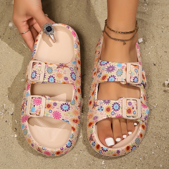 Floral-print flip-flops, women's summer beach slippers, wholesale thick-soled new sandals.